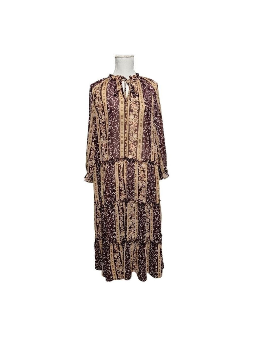 June & Hudson Multicolor Tiered Tie Neck Dress Multicolor Size Medium NEW